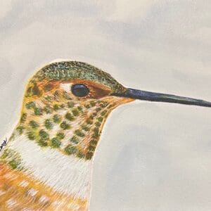 A painting of a hummingbird with a long beak.