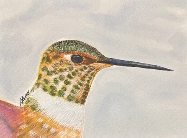 A painting of a hummingbird with a long beak.