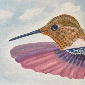 A painting of a hummingbird in flight.