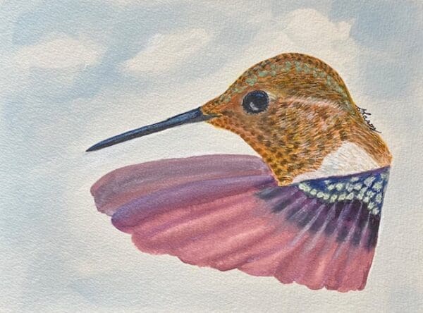 A painting of a hummingbird in flight.