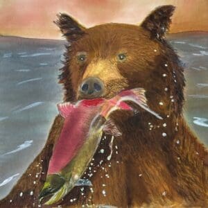 A painting of a bear holding a fish in its mouth.