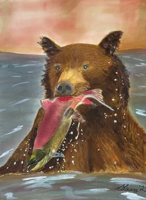 A painting of a bear holding a fish in its mouth.