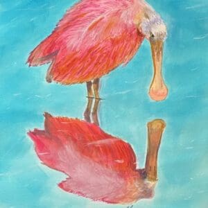 A painting of a pink bird standing in water.