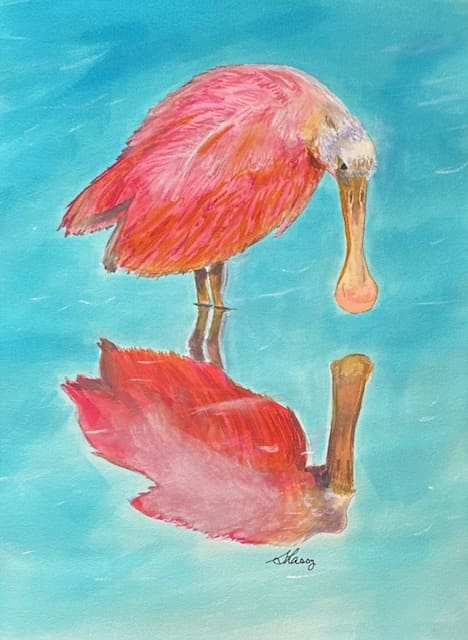 A painting of a pink bird standing in water.