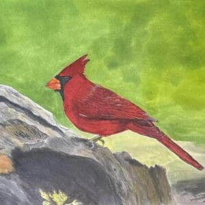 A painting of a red bird on the ground