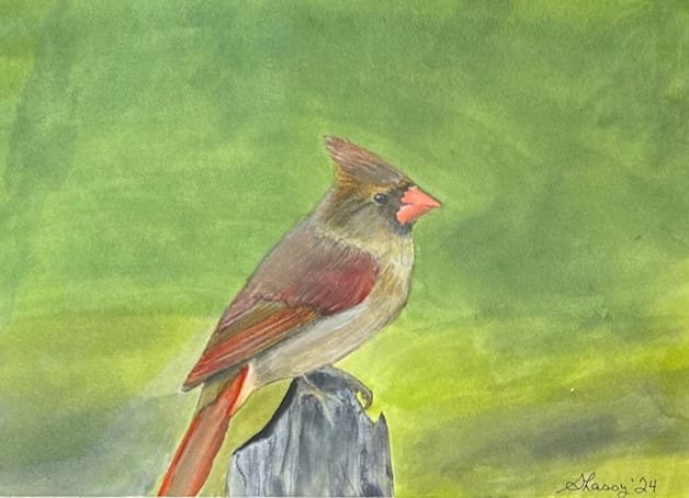 A painting of a bird sitting on top of a post.