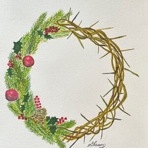 A painting of a wreath with pine needles and berries.