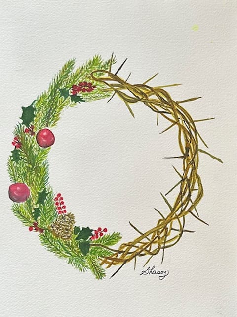 A painting of a wreath with pine needles and berries.