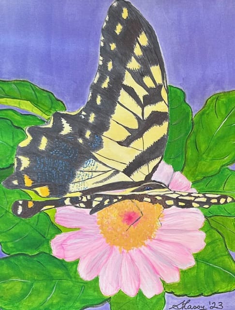 A painting of a butterfly on a flower