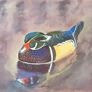 A painting of a duck in water