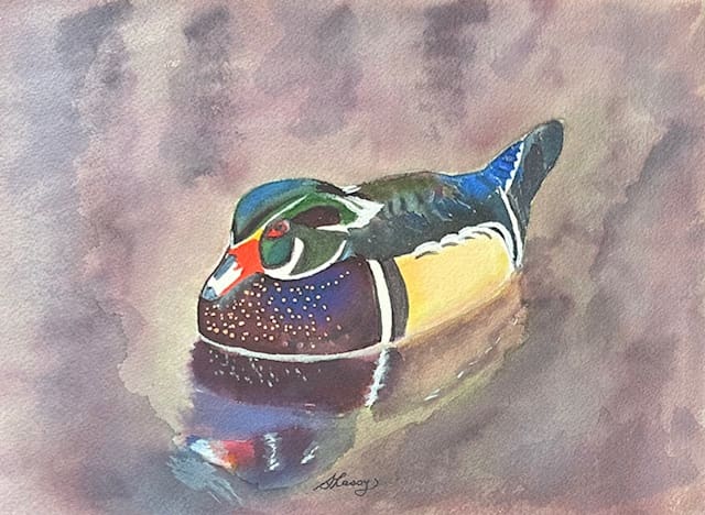 A painting of a duck in water