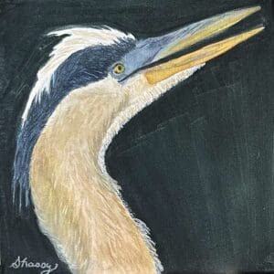 A painting of an egret with its beak open.