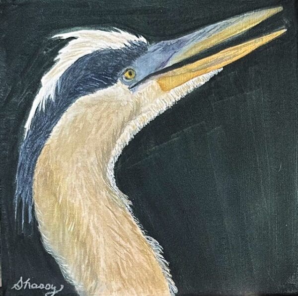 A painting of an egret with its beak open.