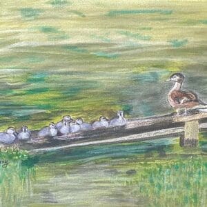 A painting of ducks on the water