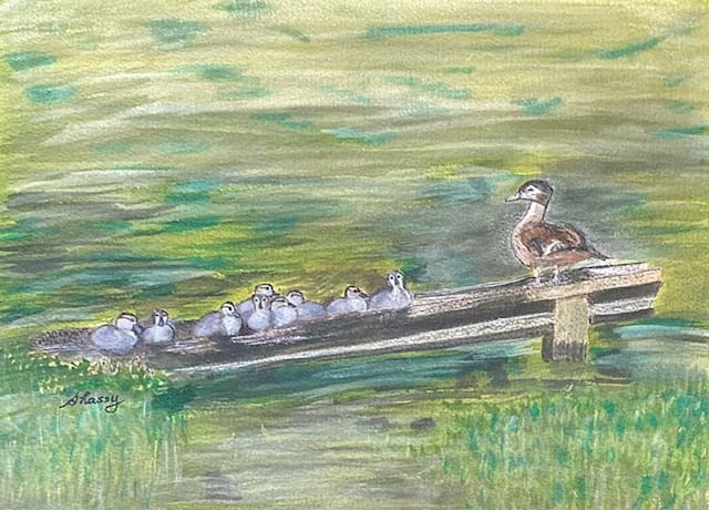 A painting of ducks on the water