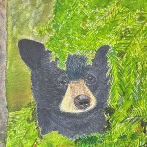 A painting of a bear cub peeking out from behind the leaves.