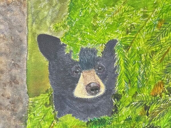 A painting of a bear cub peeking out from behind the leaves.