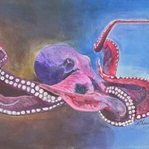 A painting of an octopus with pearls on it.