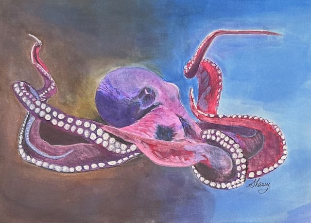 A painting of an octopus with pearls on it.