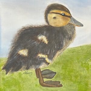 A painting of a duck on the grass