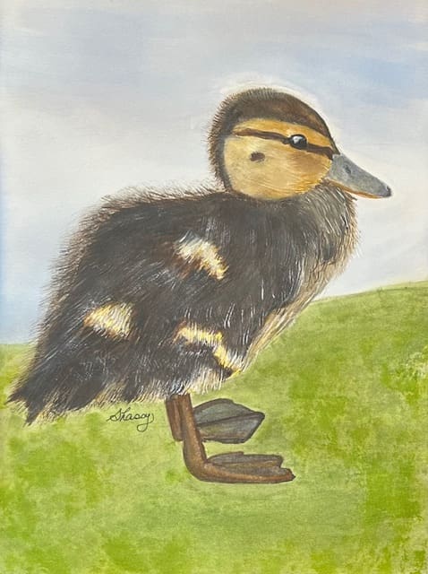 A painting of a duck on the grass