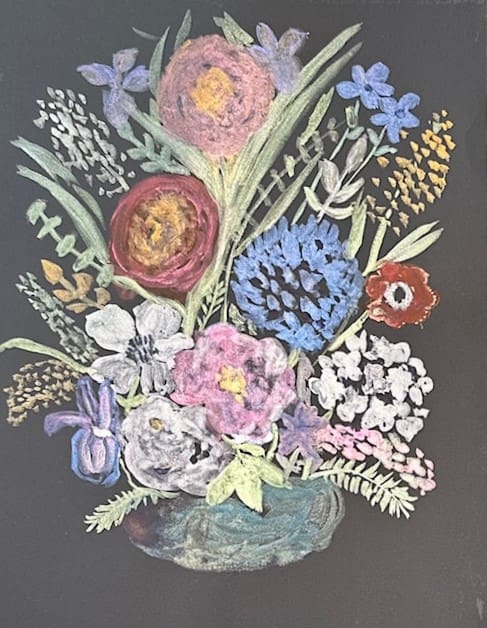 A painting of flowers in a vase on the wall.