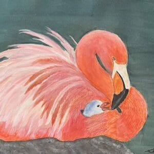 A painting of a flamingo with its feathers out