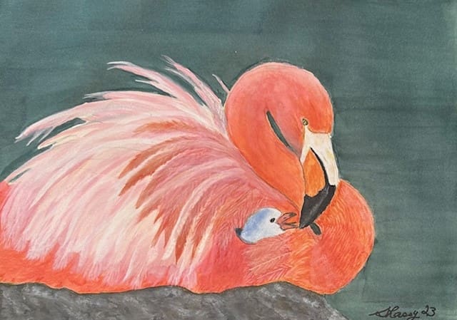 A painting of a flamingo with its feathers out