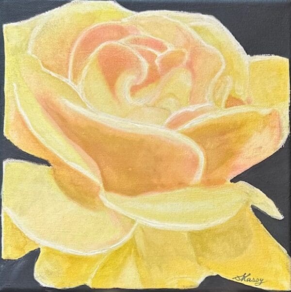 A painting of a yellow rose on black background