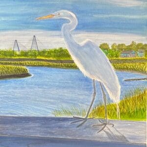 A painting of a white bird standing on the edge of water.