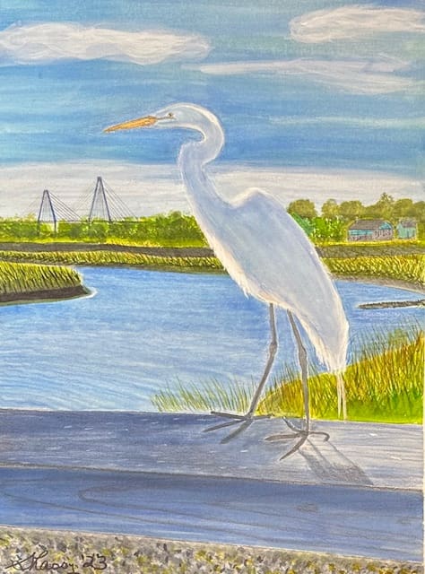 A painting of a white bird standing on the edge of water.