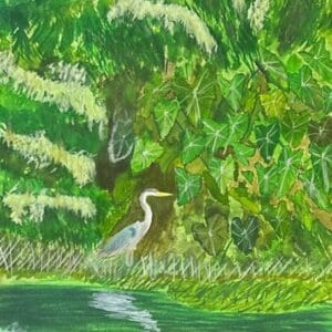 A painting of a bird in the grass near water.