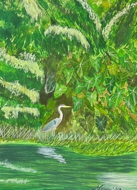 A painting of a bird in the grass near water.