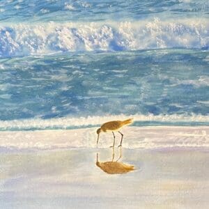 A painting of a bird on the beach