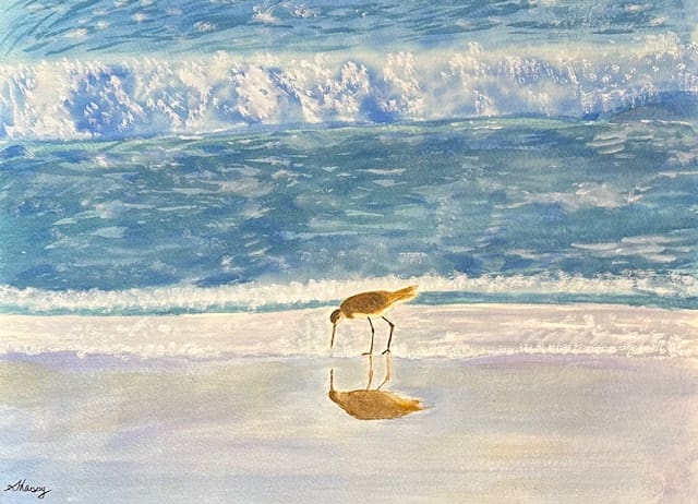 A painting of a bird on the beach