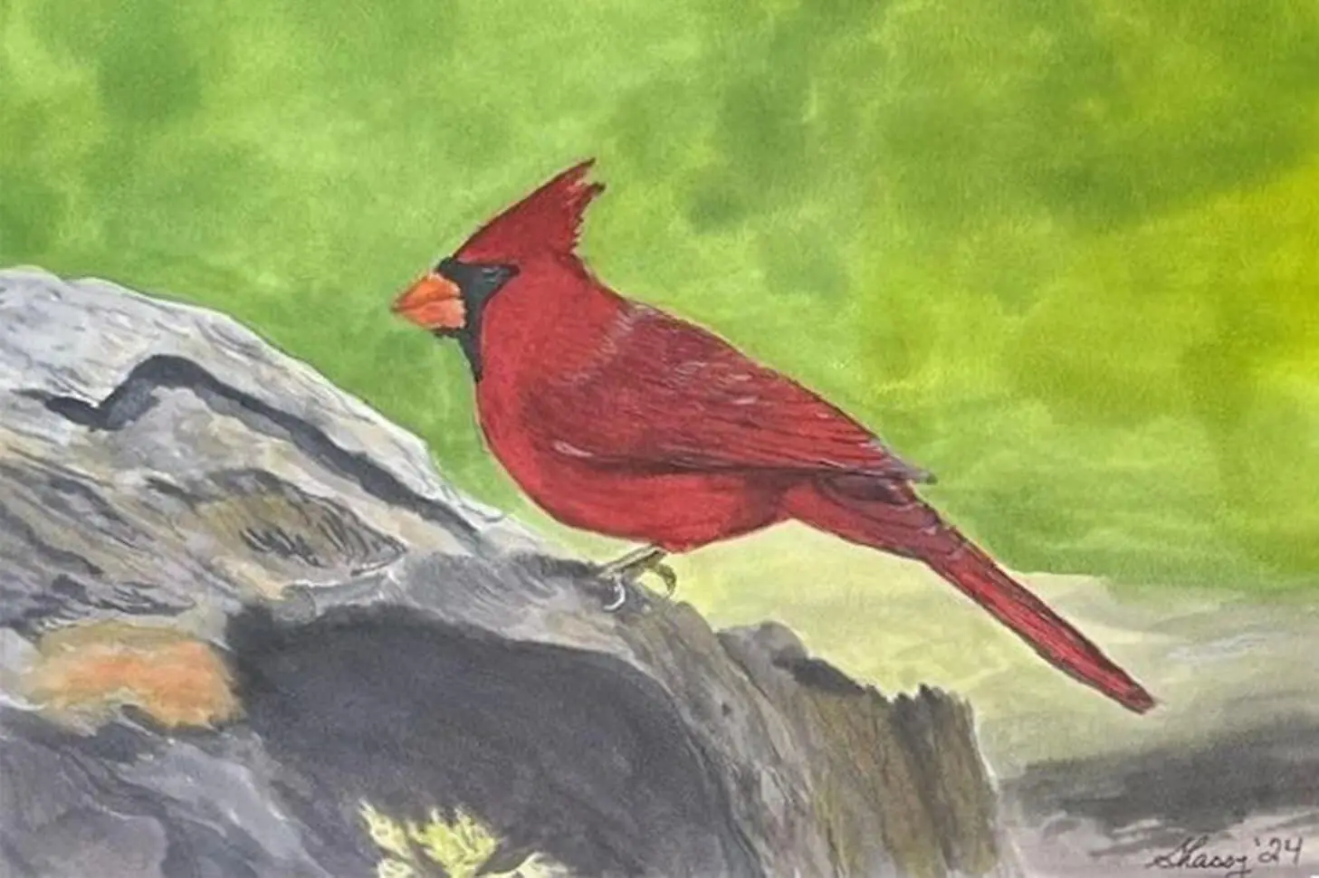 A painting of a red bird on the side of a mountain.