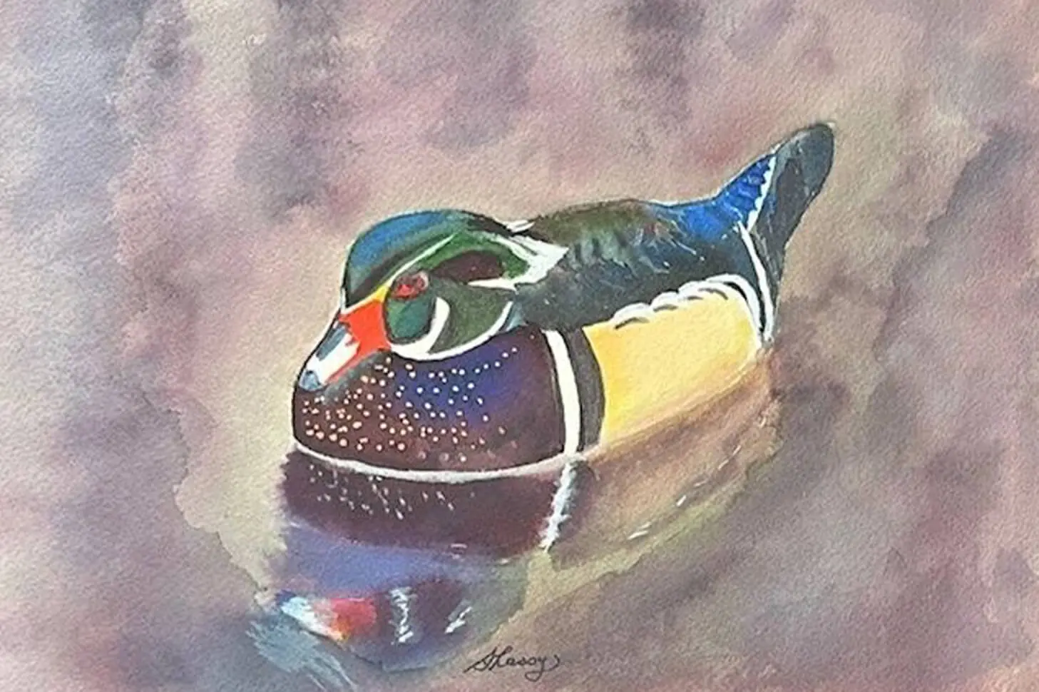 A painting of a duck in water