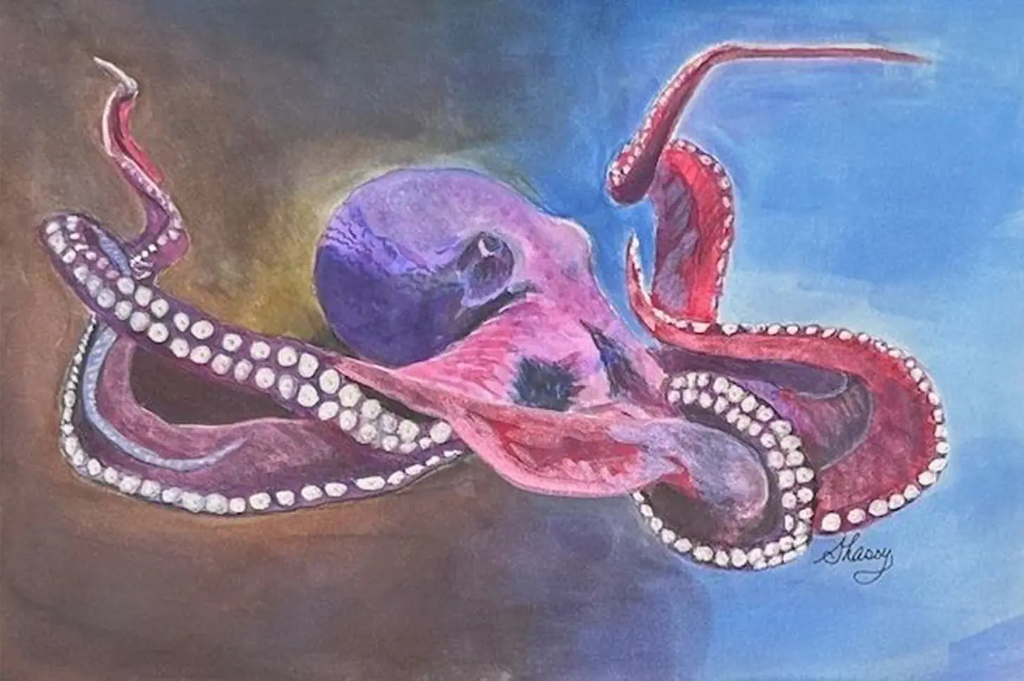 A painting of an octopus with pearls on it.