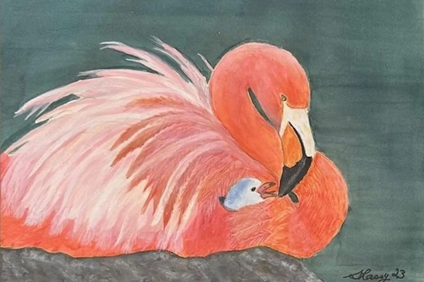 A painting of a flamingo with its head on the ground