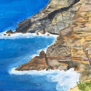 A painting of the ocean and cliffs