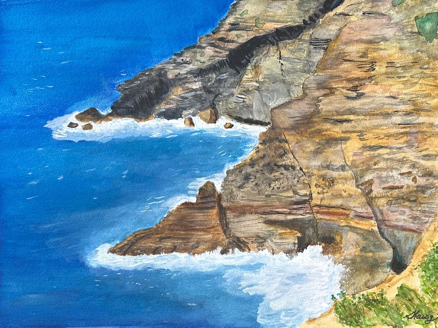 A painting of the ocean and cliffs