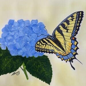 A painting of a butterfly and blue flowers