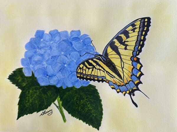 A painting of a butterfly and blue flowers