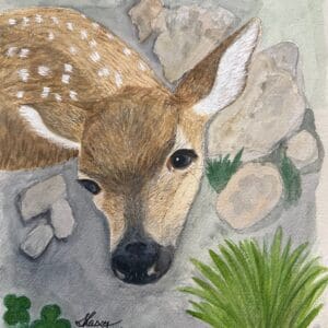 A painting of a deer with horns and a grass plant.