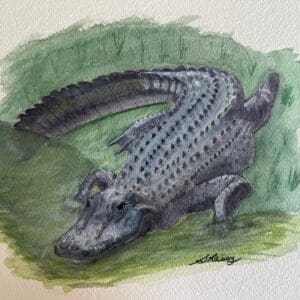 A painting of an alligator in the grass.