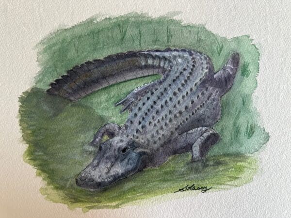 A painting of an alligator in the grass.