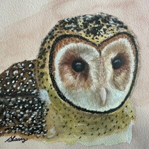 A painting of an owl with black spots on it's face.