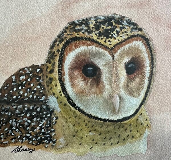 A painting of an owl with black spots on it's face.